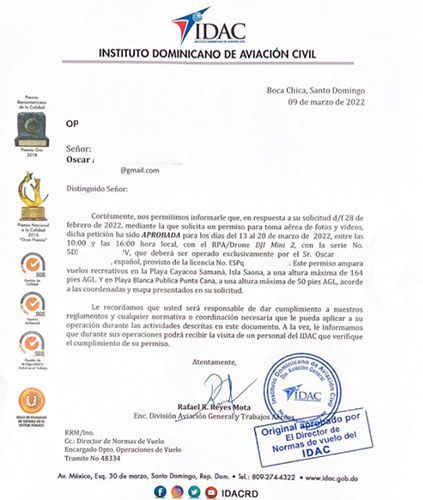Certificado de autorizacion para viajar con dron a República Dominicana