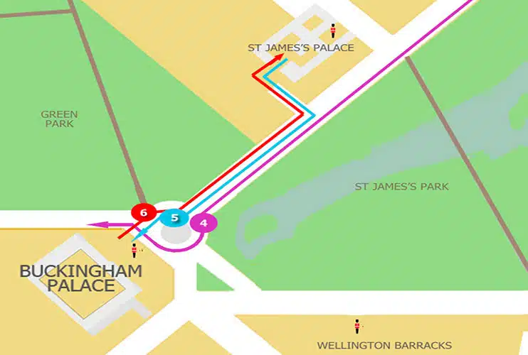 Mapa de la ruta del cambio de guardia en Londres