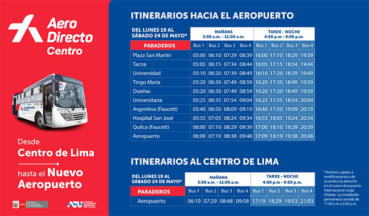 Horarios del Aerodirecto del aeropuerto de Lima al centro